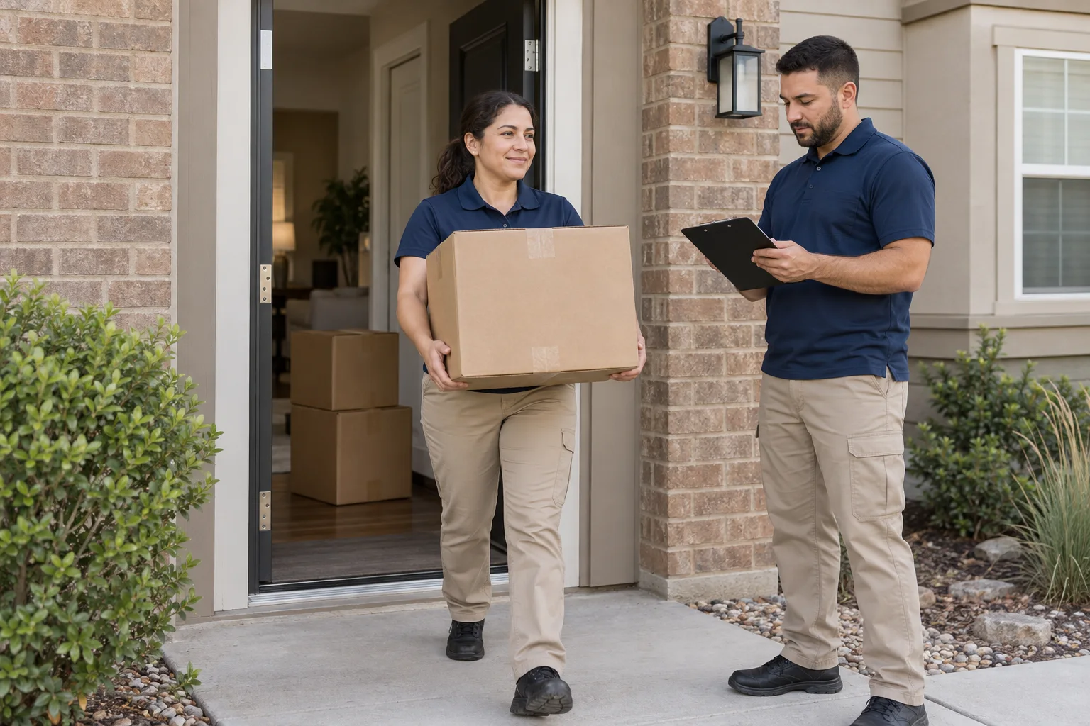 Mover carrying a box beside a person checking a tablet
