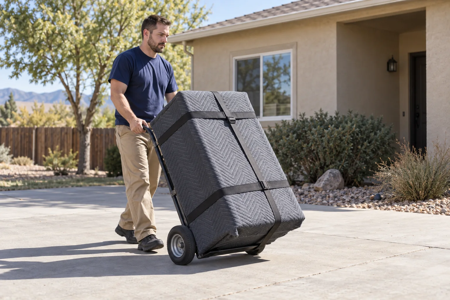 Mover tilting wrapped furniture on a hand truck