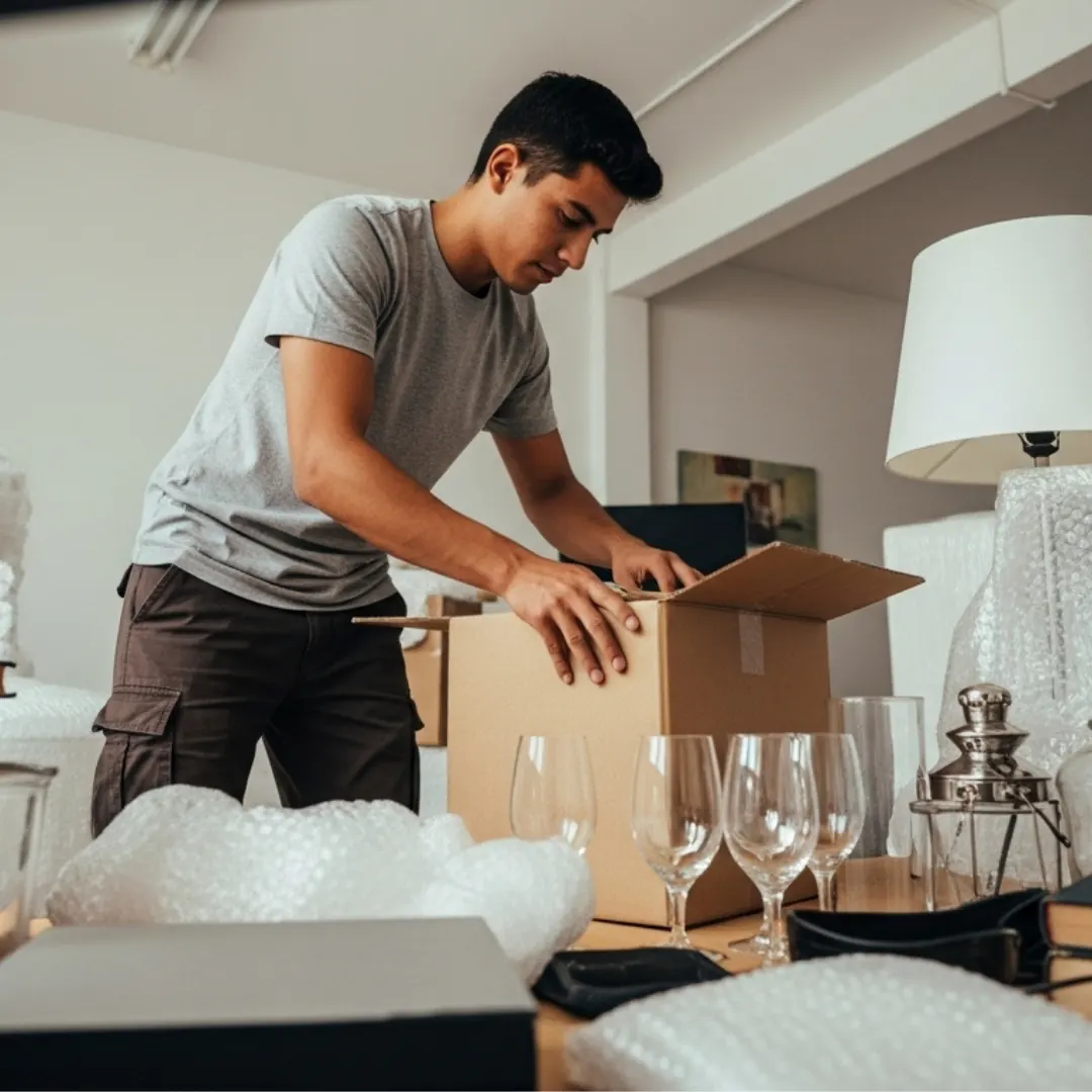 Mover carefully packing household items