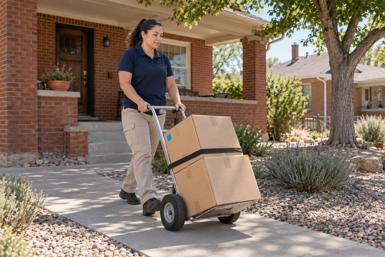 Mover wheeling strapped boxes along a front path
