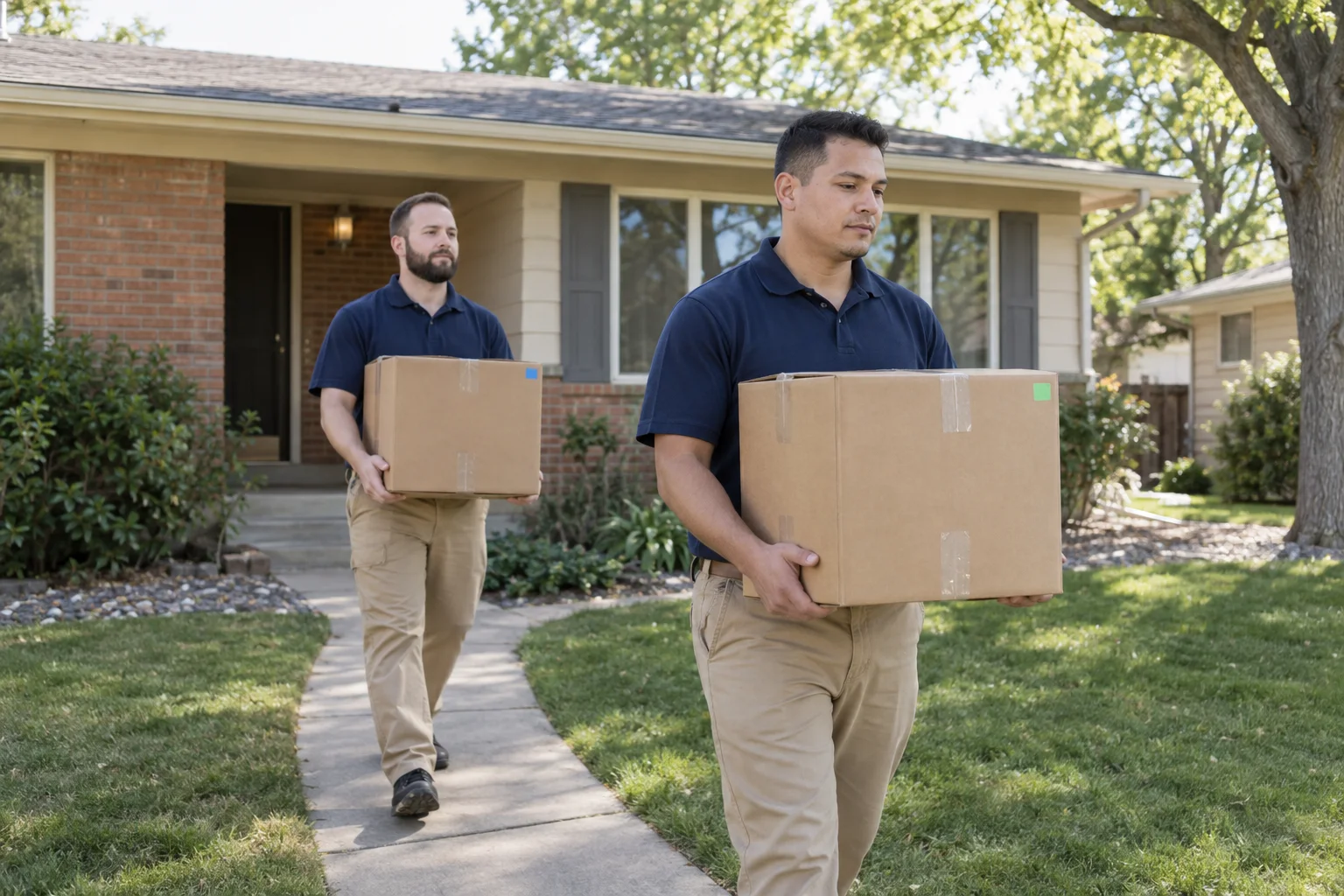 Two movers carrying separate boxes outside a brick home
